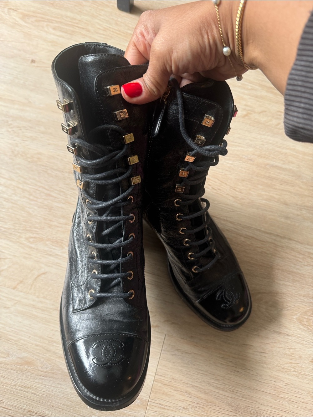 CHANEL Black Patent Lace-Up Ankle Boots - Picture 2 of 3